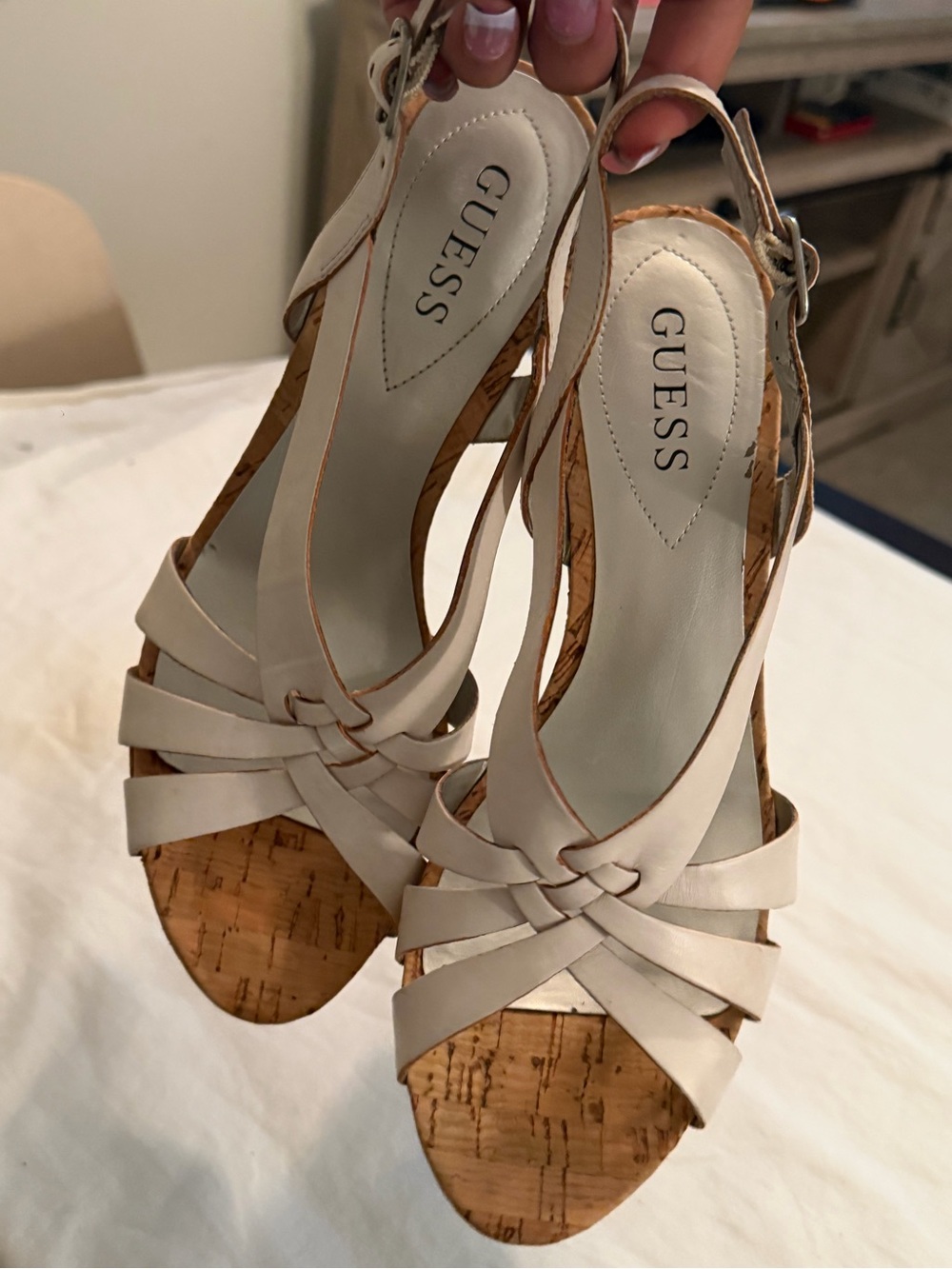 GUESS Cream Strappy Cork Wedge Sandals